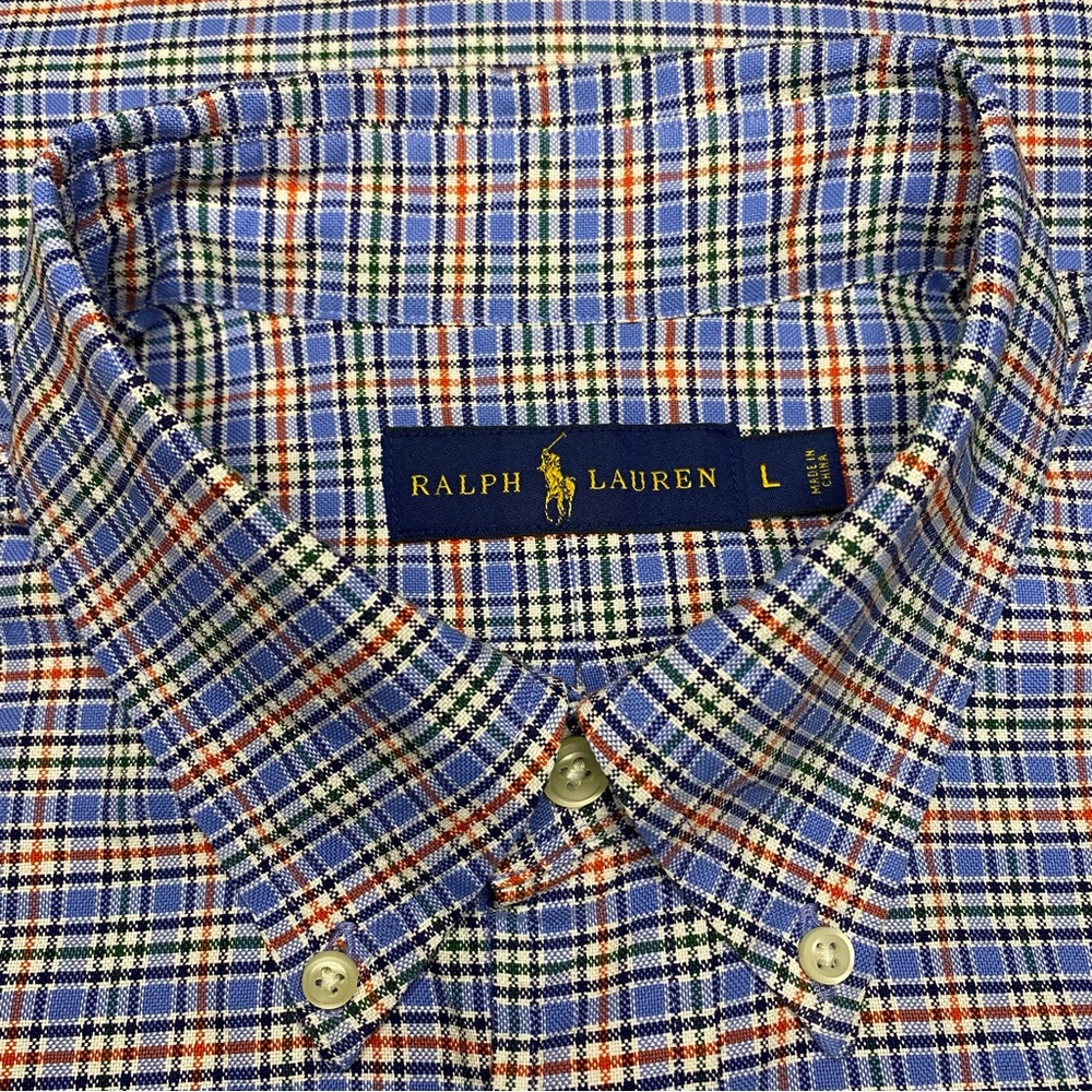 Ralph Lauren Button Down Shirt Men Large Blue Red Plaid Flesh Pony Preppy Office